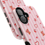 Pink Teddy Hearts Love iPhone Case, Impact-Resistant MagSafe Compatible
