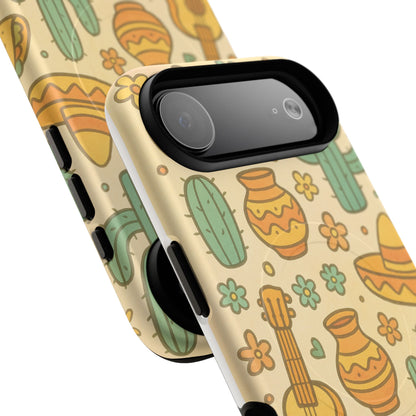 Mexico Hand-Drawn Cactus Pattern iPhone Case – Cute Desert Guitar & Sombrero Design | with MagSafe