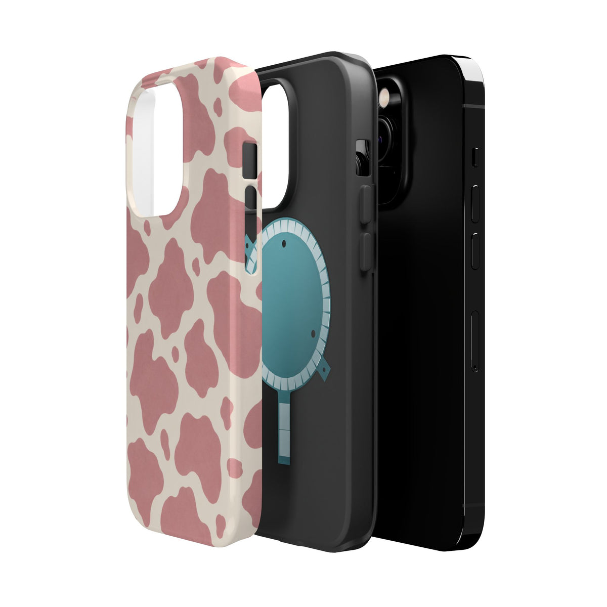 Rose Cowprint – Pink Cow Print MagSafe Phone Case, glossy square triple-camera Pro model, exploded shell and liner with magnetic ring