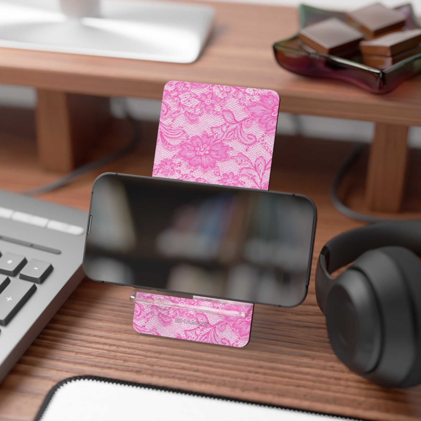 Pink Floral Lace Phone Stand — Foldable Mobile Display Dock