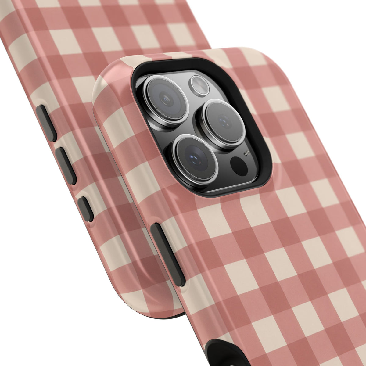 Prairie Gingham MagSafe Phone Case, glossy square triple-camera Pro model, camera and side-button close-up