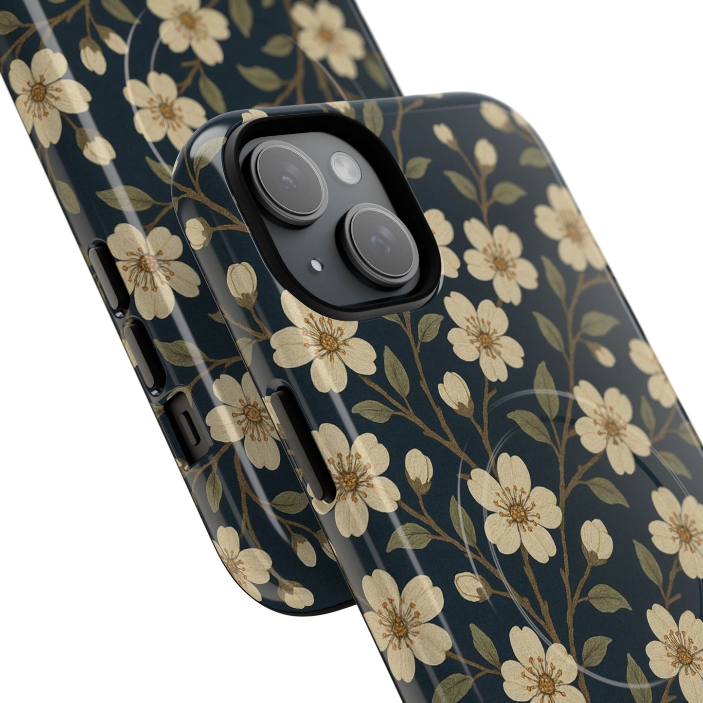 Navy Cherry Blossom Floral iPhone Case - Compatible with MagSafe