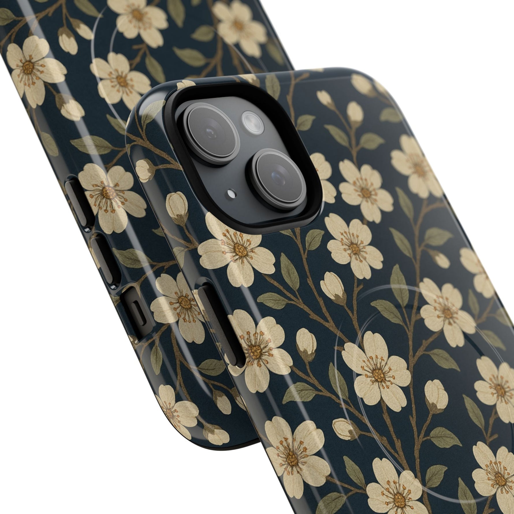 Navy Cherry Blossom Floral iPhone Case - Compatible with MagSafe - Shamo's