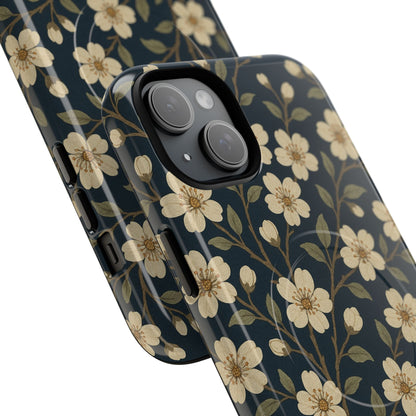 Navy Cherry Blossom Floral iPhone Case - Compatible with MagSafe