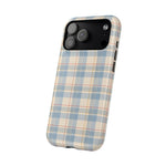 Ranch Check – Blue and Cream Plaid MagSafe Phone Case, glossy wide-camera Pro Max model, angled rear view