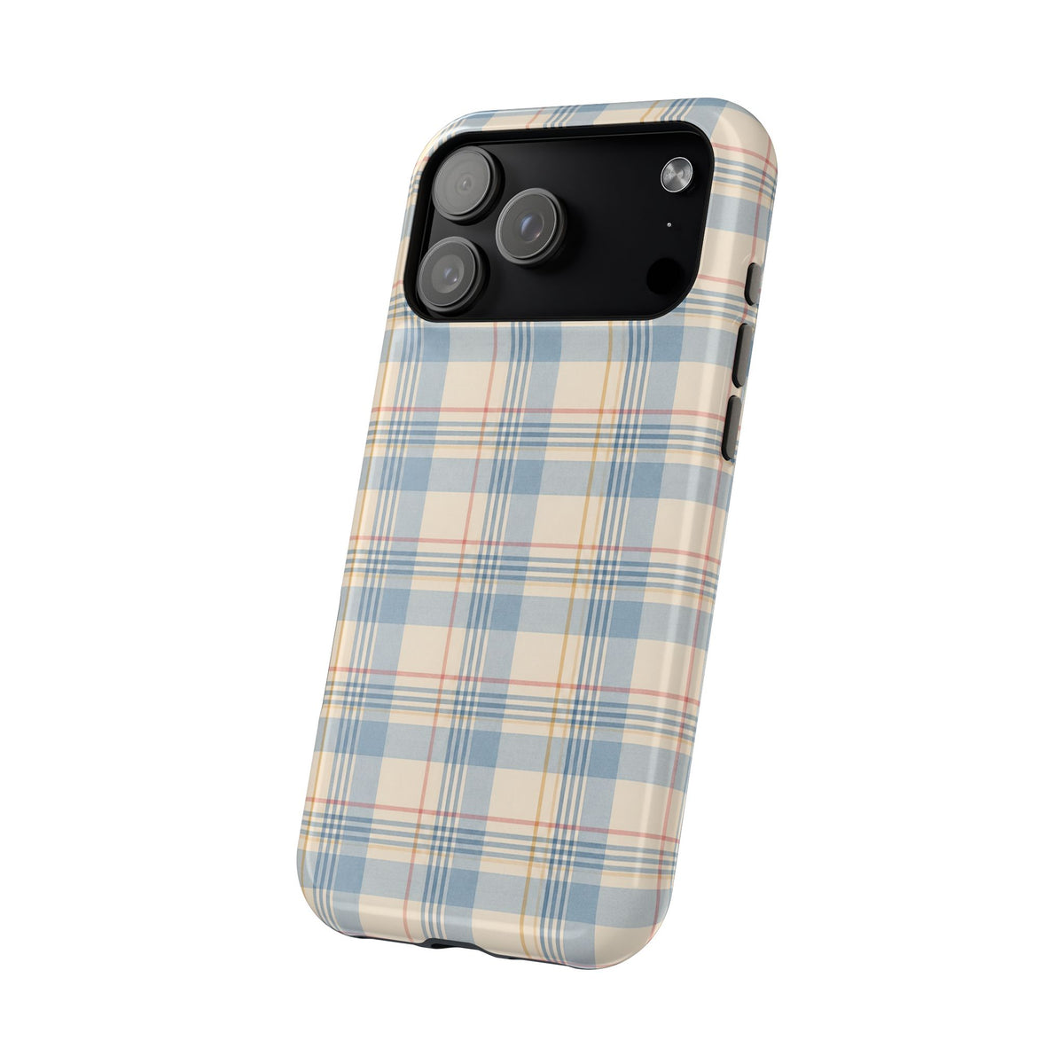 Ranch Check – Blue and Cream Plaid MagSafe Phone Case, glossy wide-camera Pro Max model, angled rear view