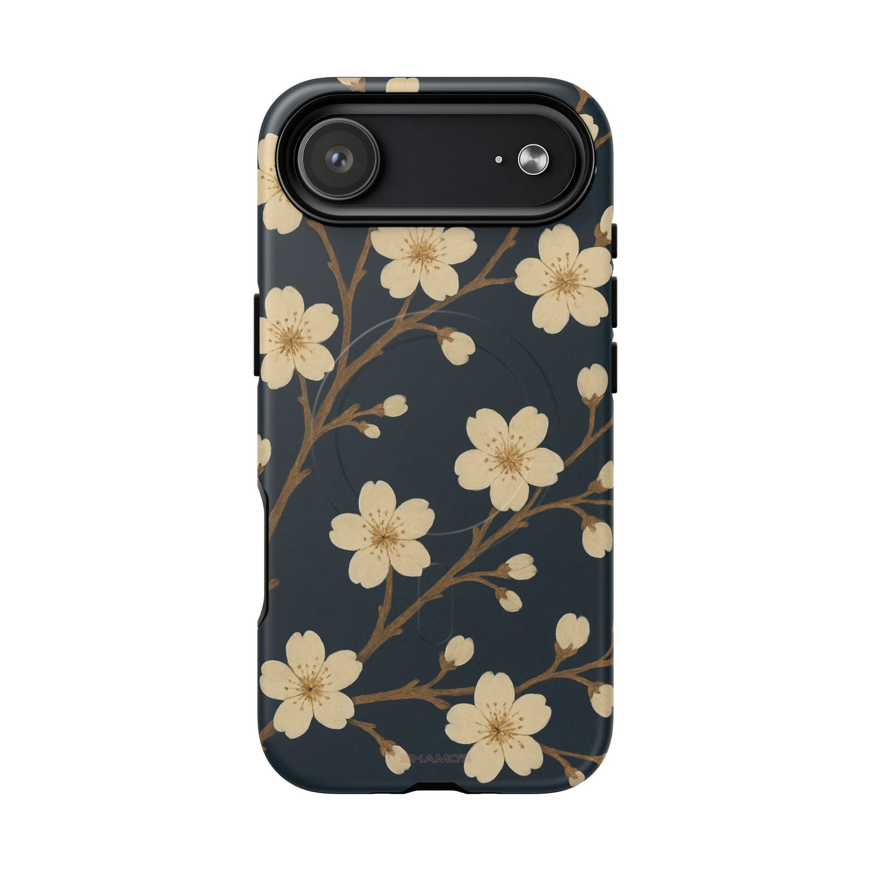 Navy Cherry Blossom Floral iPhone Case - Compatible with MagSafe