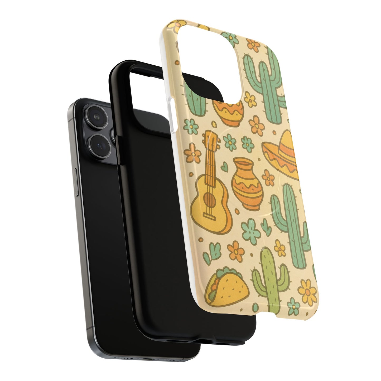 Mexico Hand-Drawn Cactus Pattern iPhone Case – Cute Desert Guitar & Sombrero Design | with MagSafe
