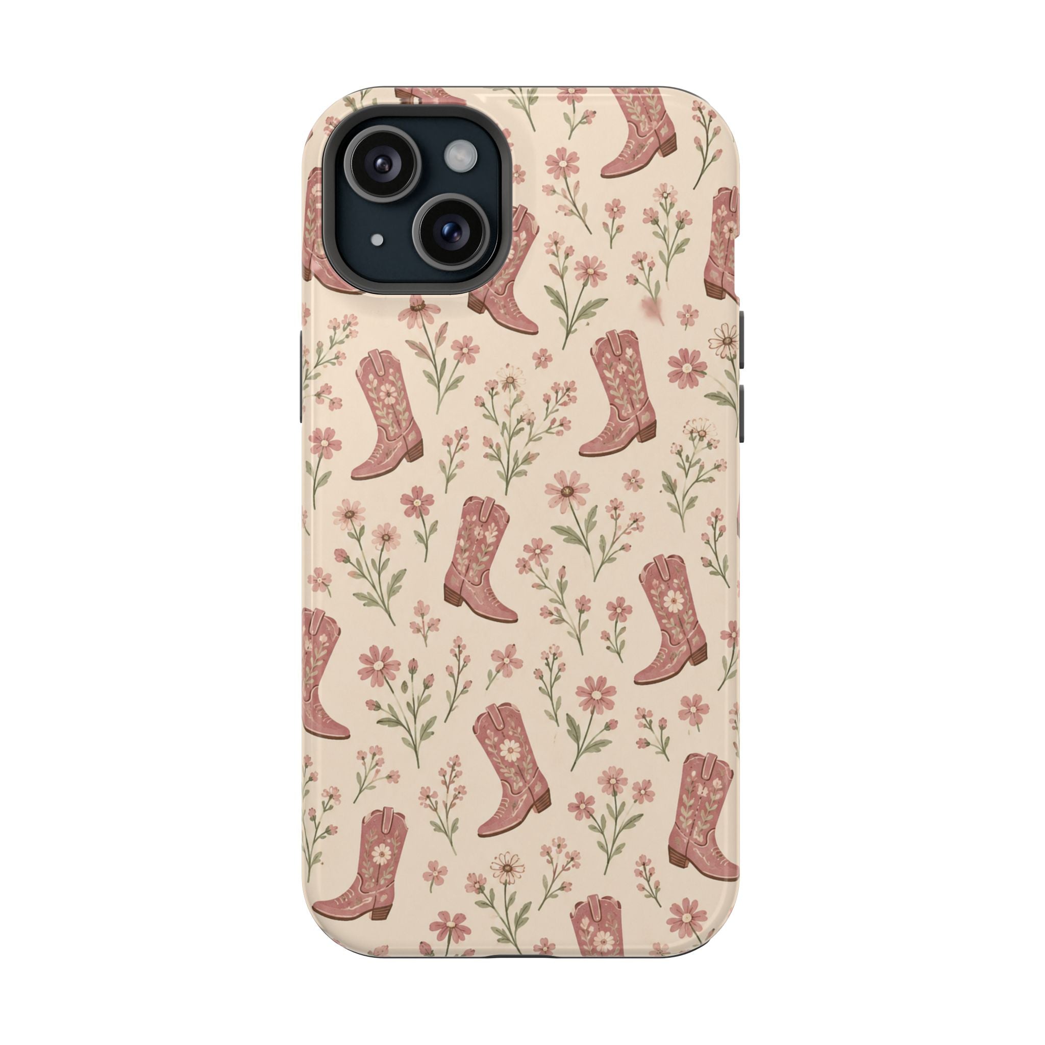 Floral Boots MagSafe Phone Case, glossy iPhone 15 Plus, rear view