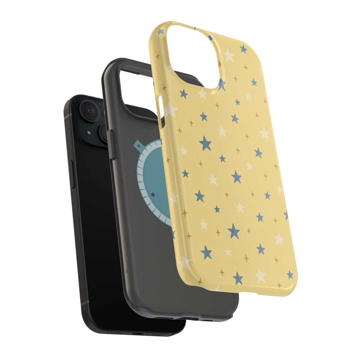Prairie Stars – Yellow and Blue Star MagSafe Phone Case, glossy diagonal dual-camera model, exploded shell and liner with magnetic ring