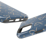 Lasso Hearts – Blue Western Heart MagSafe Phone Case, glossy diagonal dual-camera model, port openings and edge details