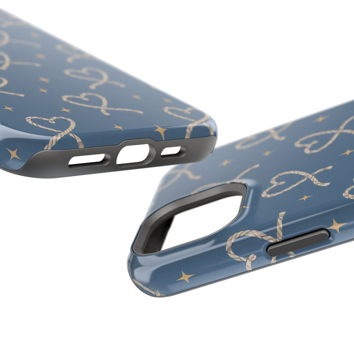 Lasso Hearts – Blue Western Heart MagSafe Phone Case, glossy diagonal dual-camera model, port openings and edge details