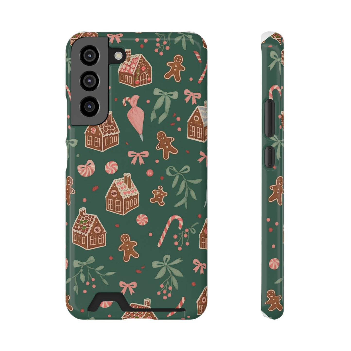 Holiday Gingerbread Phone Case with Card Holder — Festive Green Candy Cane Design