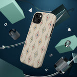 Desert Diamonds – Pastel Geometric Pattern MagSafe Phone Case, glossy diagonal dual-camera model, rear view with magnetic accessories