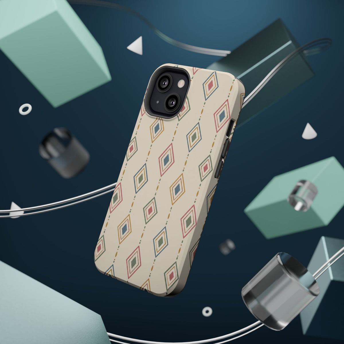 Desert Diamonds – Pastel Geometric Pattern MagSafe Phone Case, glossy diagonal dual-camera model, rear view with magnetic accessories