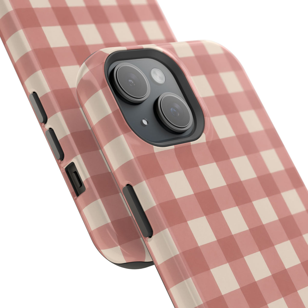 Prairie Gingham MagSafe Phone Case, glossy diagonal dual-camera model, camera and side-button close-up