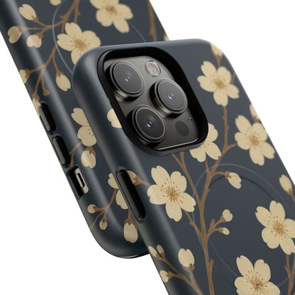 Navy Cherry Blossom Floral iPhone Case - Compatible with MagSafe