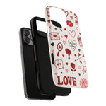 Romantic Love Doodle Tough iPhone Case ("LOVE", hearts, roses) (MagSafe compatible)  Shamo's