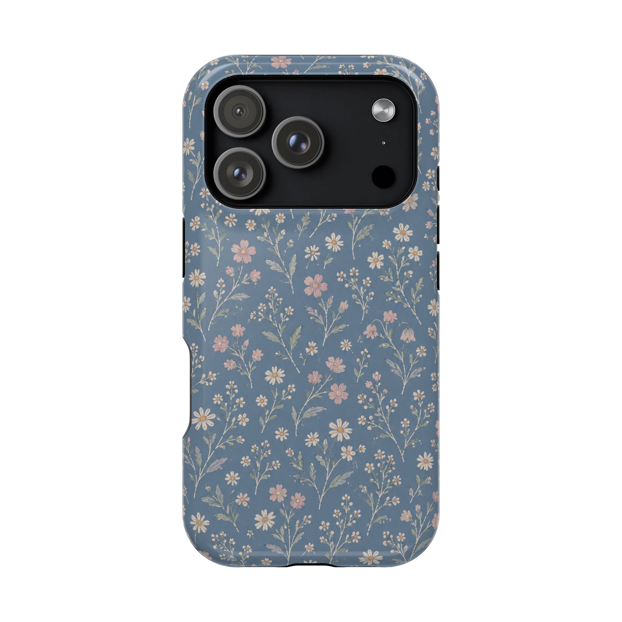 Denim Wildflowers MagSafe Phone Case, glossy iPhone 18 Pro, rear view