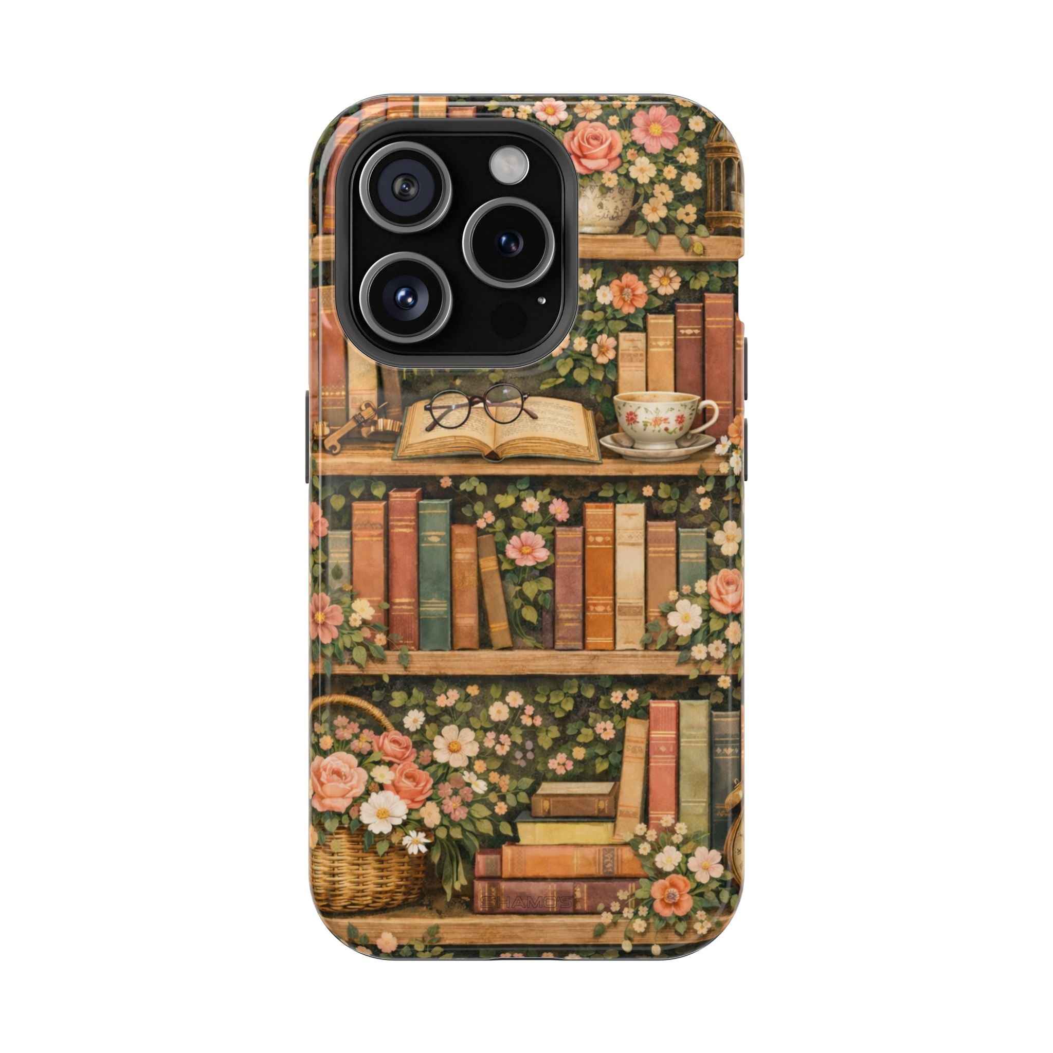Floral Bookshelf iPhone Case — MagSafe Magnetic, Impact-Resistant - iPhone 15 Pro / Glossy - Shamo's