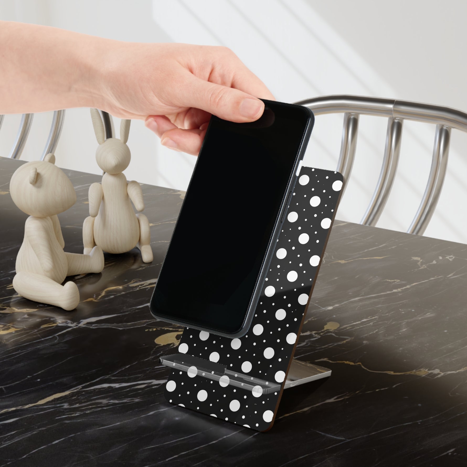 Polka Dot Phone Stand — Black & White Mobile Display Stand