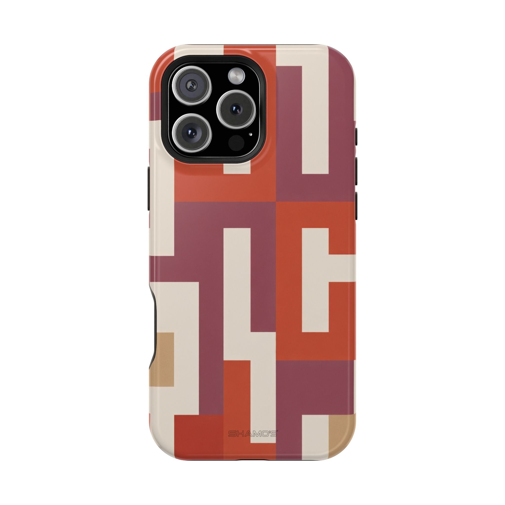 Phone case with interlocking rectangular shapes in rust red, burgundy, and cream