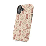 Floral Boots MagSafe Phone Case, glossy vertical dual-camera model, angled rear view