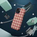 Prairie Gingham MagSafe Phone Case, glossy diagonal dual-camera model, rear view with magnetic accessories