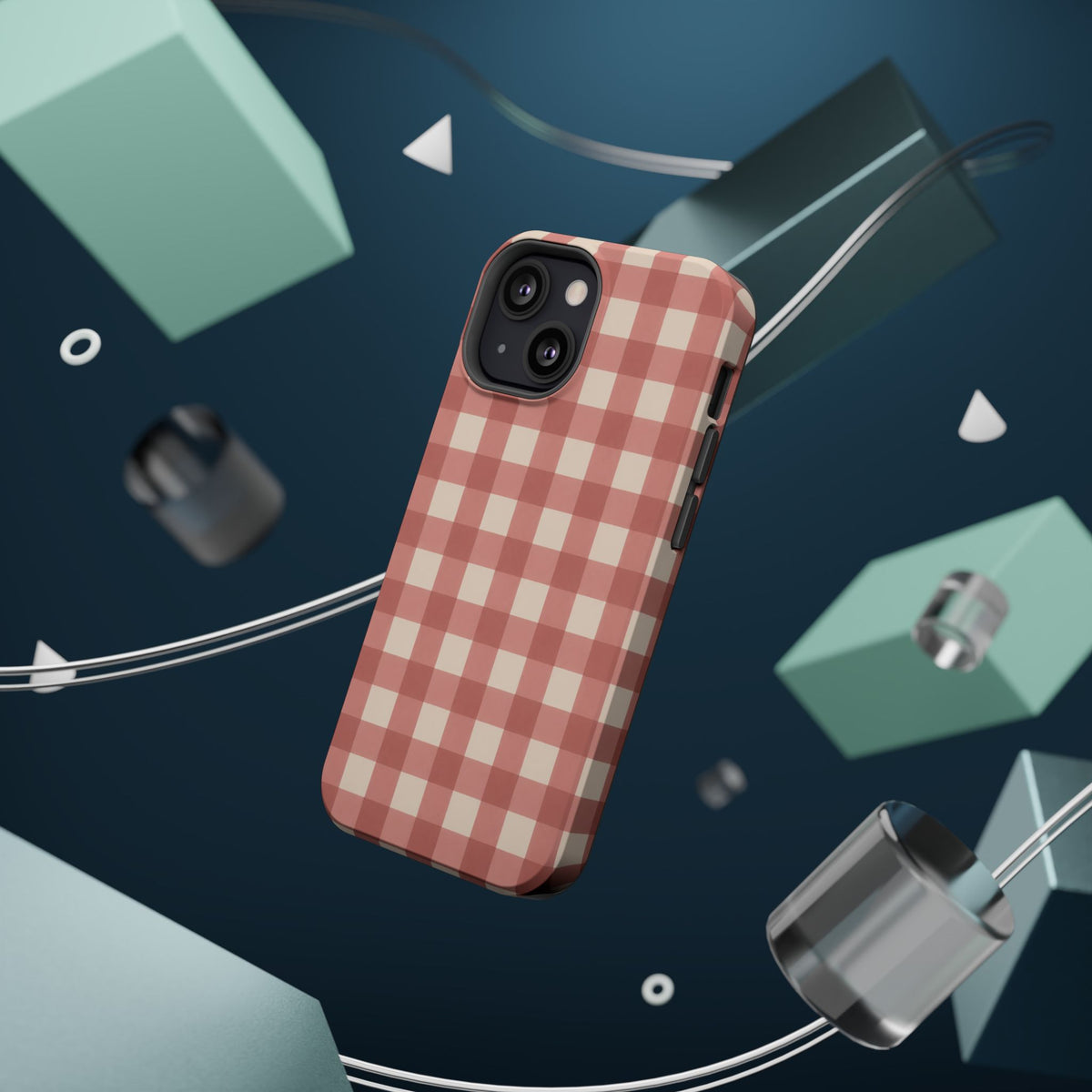 Prairie Gingham MagSafe Phone Case, glossy diagonal dual-camera model, rear view with magnetic accessories
