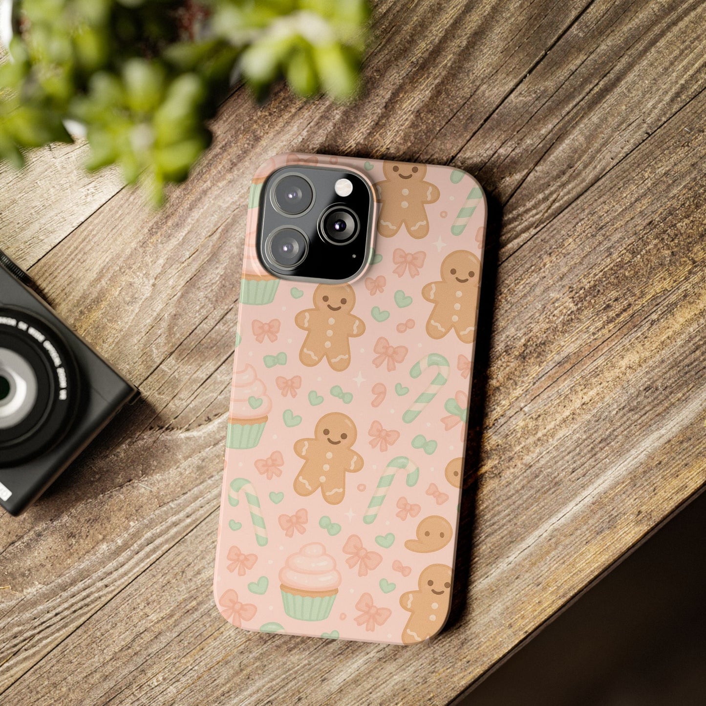 Gingerbread Holiday Slim iPhone Case — Cute Candy Cane & Cupcake Pattern