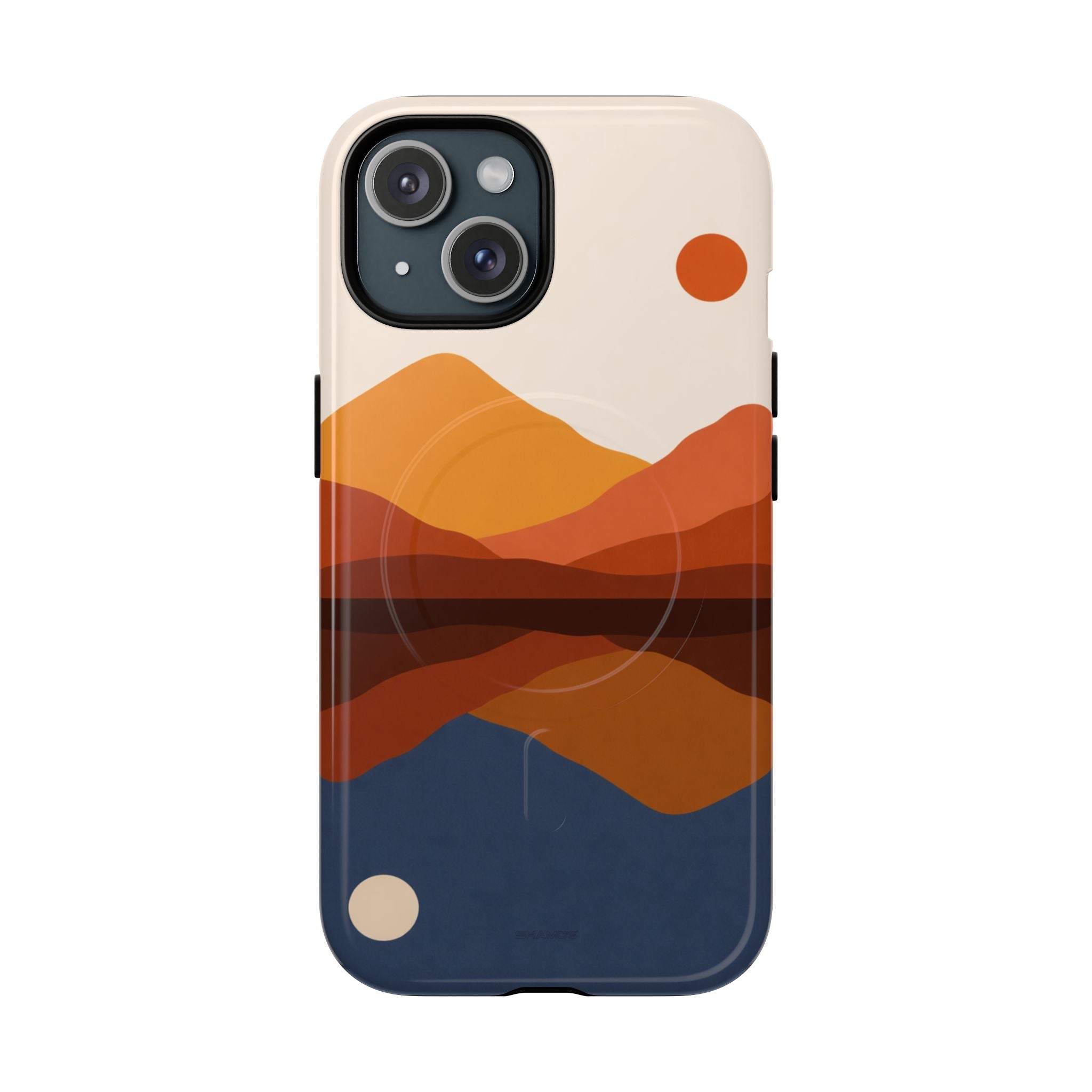 iPhone case size variant with abstract landscape design featuring layered orange mountains and blue lake