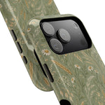 Golden Meadow – Sage Green Wildflower MagSafe Phone Case, glossy compact wide-camera Pro model, camera and side-button close-up