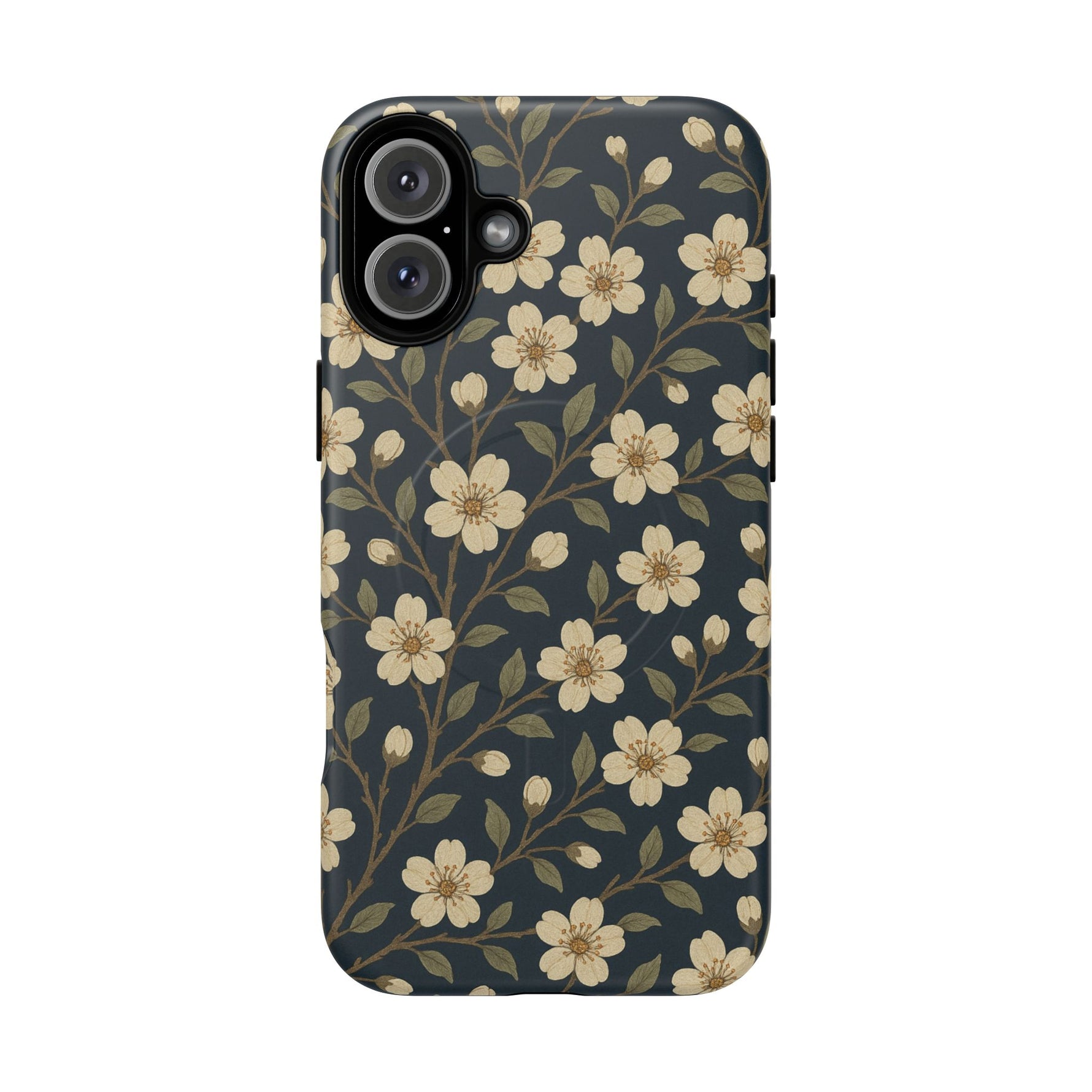 Navy Cherry Blossom Floral iPhone Case - Compatible with MagSafe - Shamo's