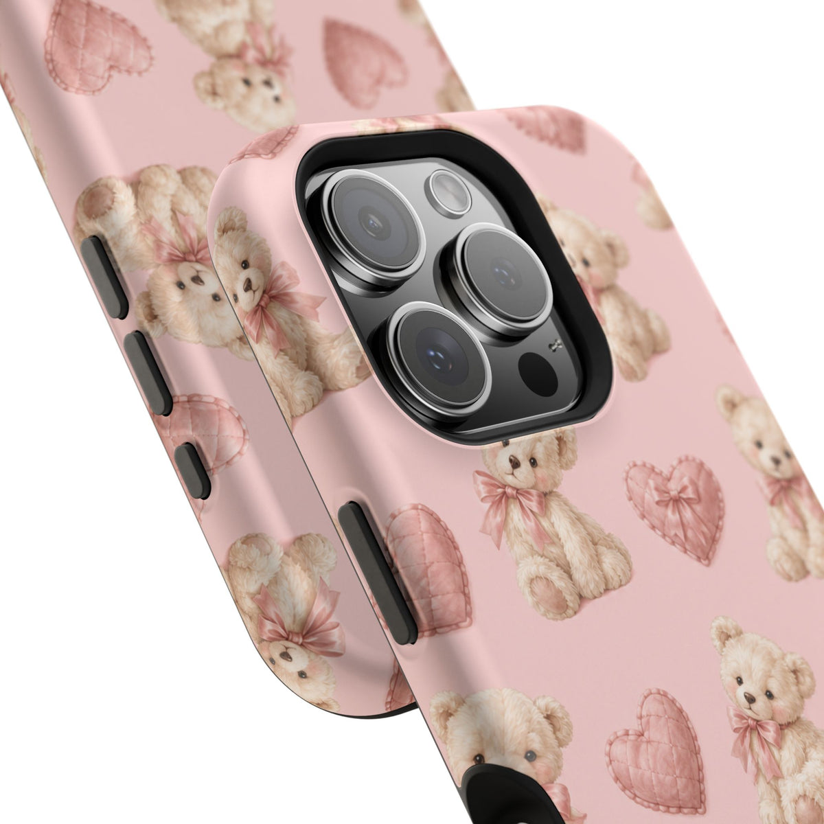 Pink Teddy Hearts Love iPhone Case, Impact-Resistant MagSafe Compatible