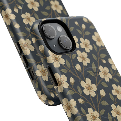 Navy Cherry Blossom Floral iPhone Case - Compatible with MagSafe