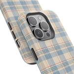 Ranch Check – Blue and Cream Plaid MagSafe Phone Case, glossy square triple-camera Pro model, camera and side-button close-up