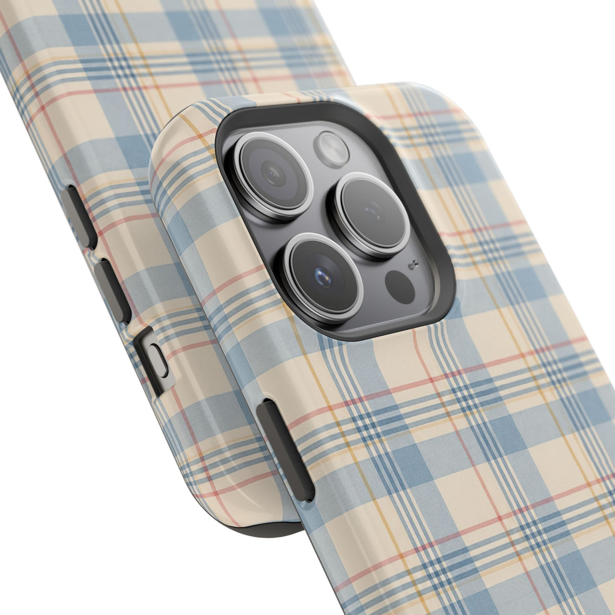 Ranch Check – Blue and Cream Plaid MagSafe Phone Case, glossy square triple-camera Pro model, camera and side-button close-up