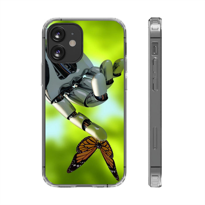 Clear Cases for iPhone 14 Series with Robotic hand and Butterfly.