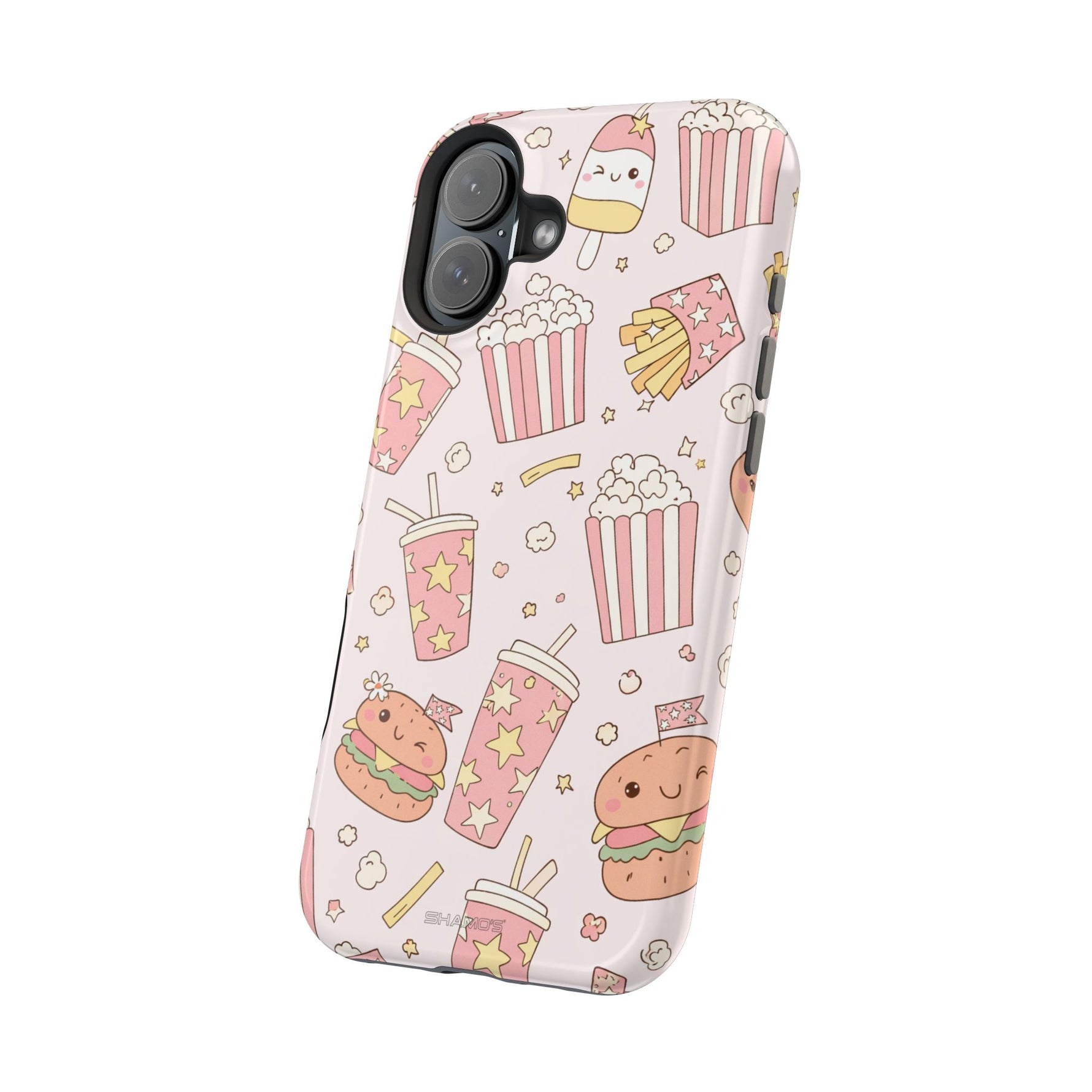 Kawaii Snack Pattern Magnetic Phone Case, Cute Popcorn, Burger & Soda Design with MagSafe Compatibility