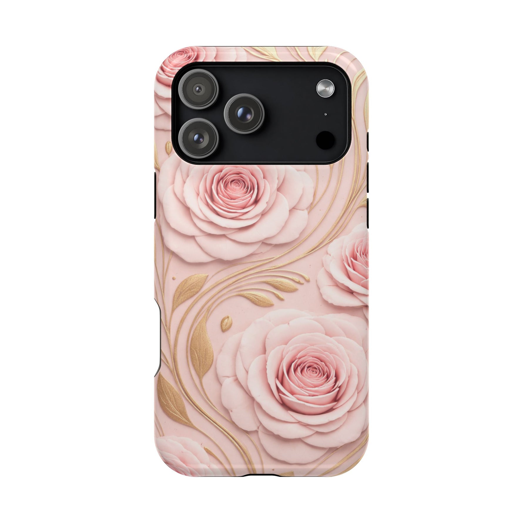 Floral Pink Rose MagSafe iPhone Case, Gold Leaf Magnetic Impact-Resistant