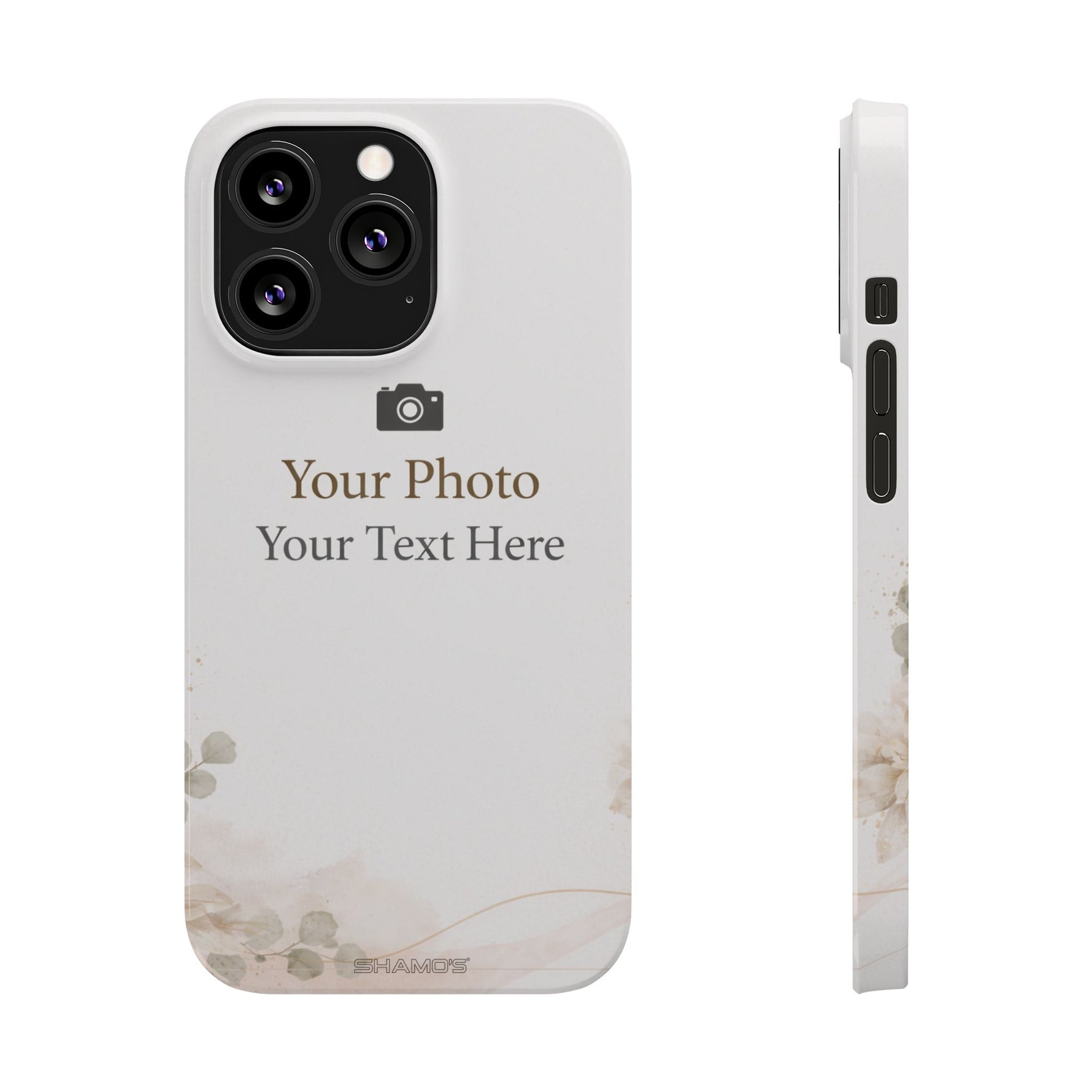 Personalized Slim Phone Case, Custom Photo & Text Minimal Floral Design - iPhone 13 Pro - Shamo's