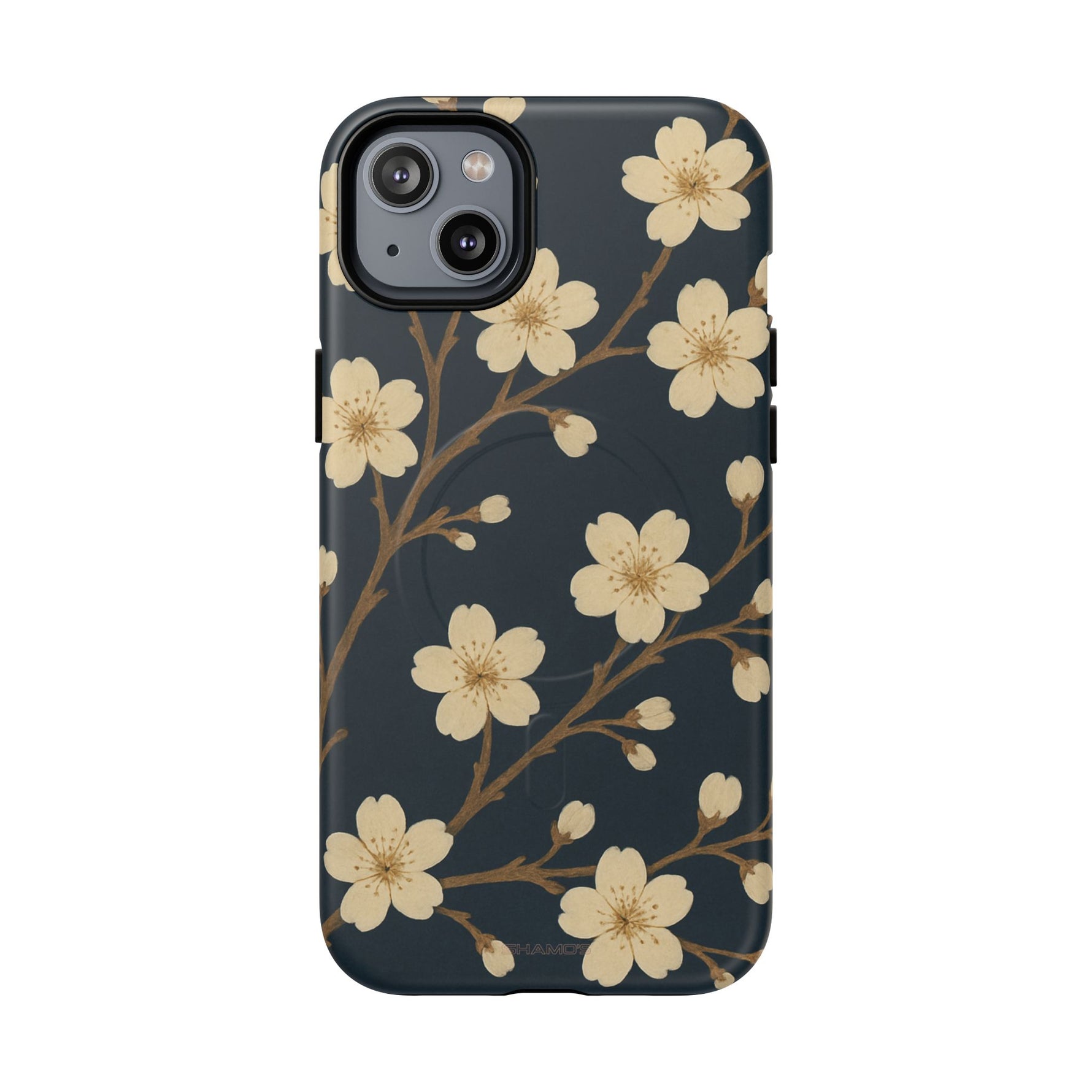 Navy Cherry Blossom Floral iPhone Case - Compatible with MagSafe