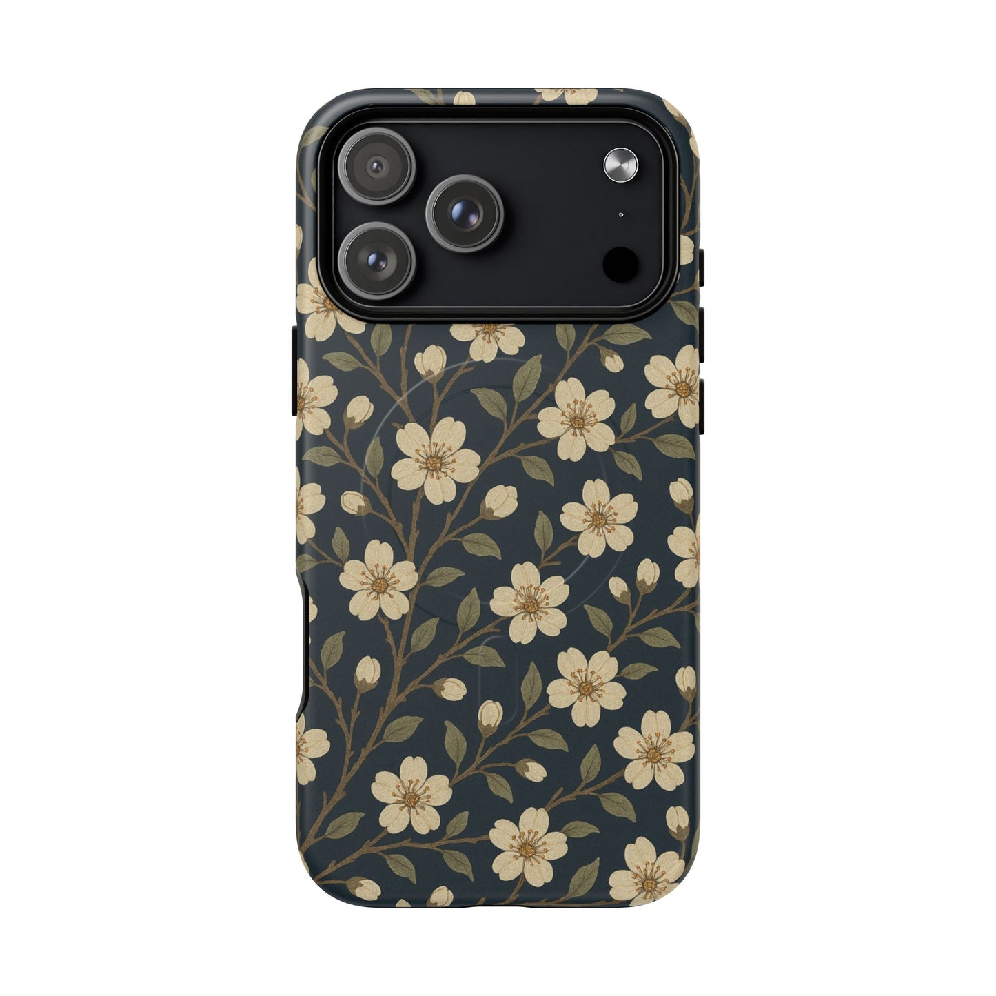 Navy Cherry Blossom Floral iPhone Case - Compatible with MagSafe
