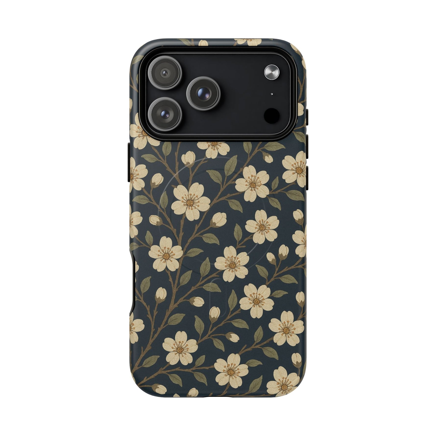 Navy Cherry Blossom Floral iPhone Case - Compatible with MagSafe - Shamo's