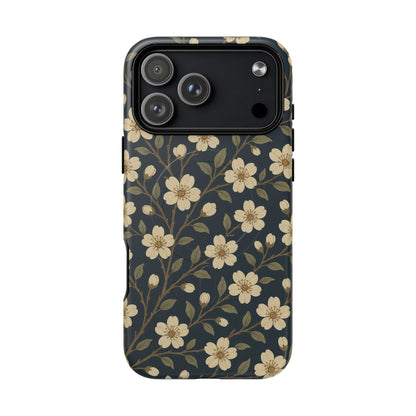 Navy Cherry Blossom Floral iPhone Case - Compatible with MagSafe