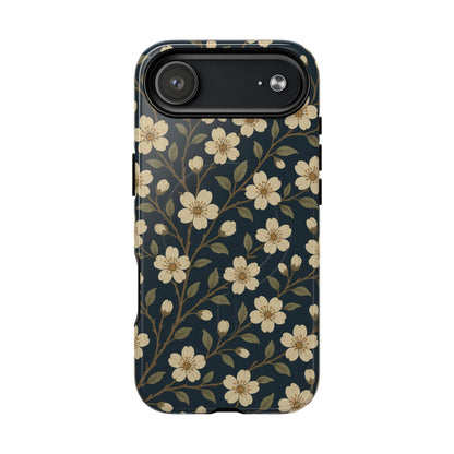 Navy Cherry Blossom Floral iPhone Case - Compatible with MagSafe