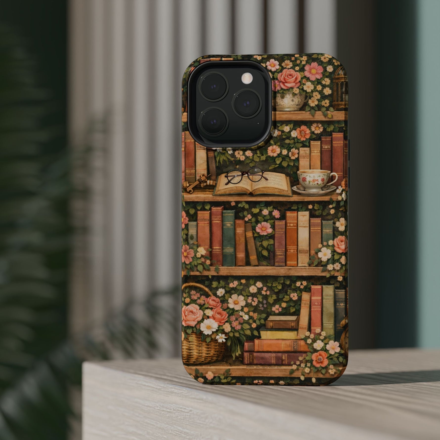 Floral Bookshelf iPhone Case — MagSafe Magnetic, Impact-Resistant