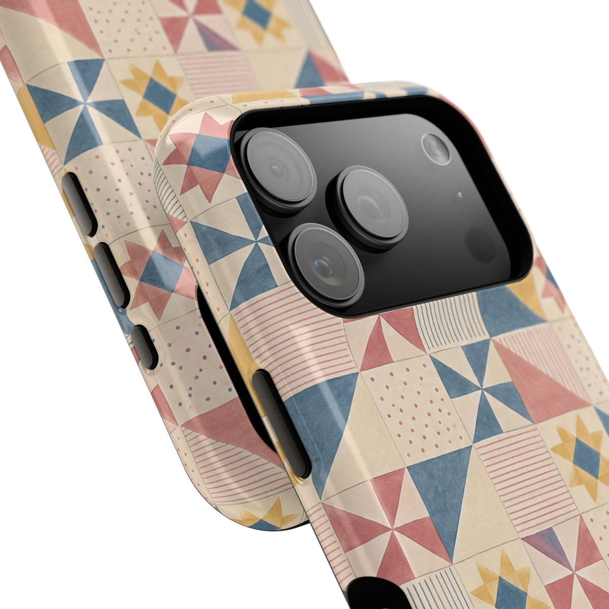 Prairie Quilt – Pastel Patchwork Pattern MagSafe Phone Case, glossy compact wide-camera Pro model, camera and side-button close-up