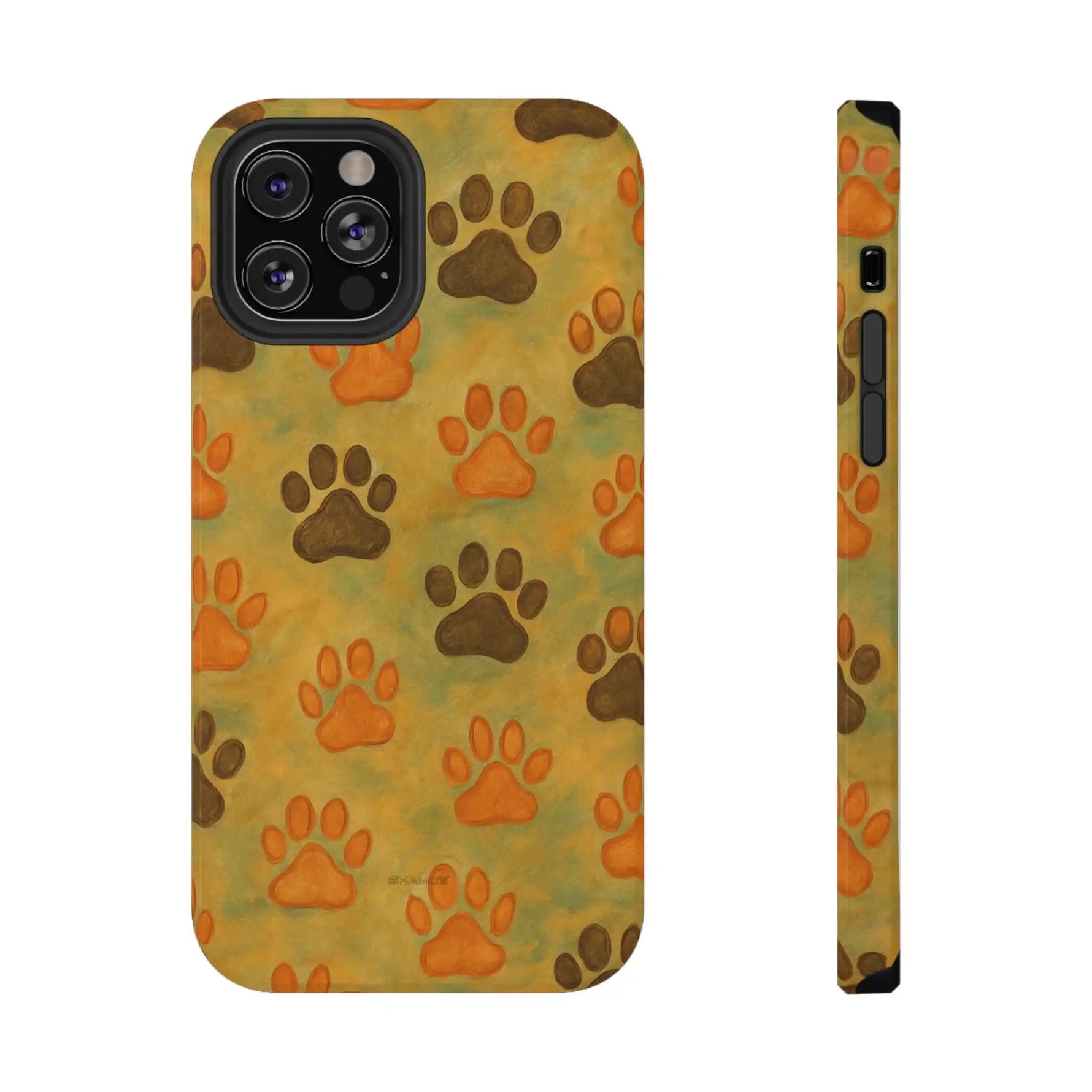 iPhone case with orange and brown paw prints pattern, shown in front and side views