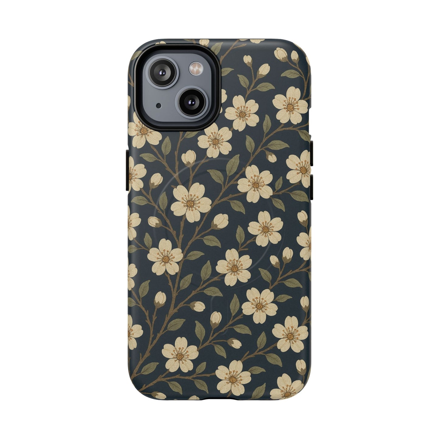 Navy Cherry Blossom Floral iPhone Case - Compatible with MagSafe